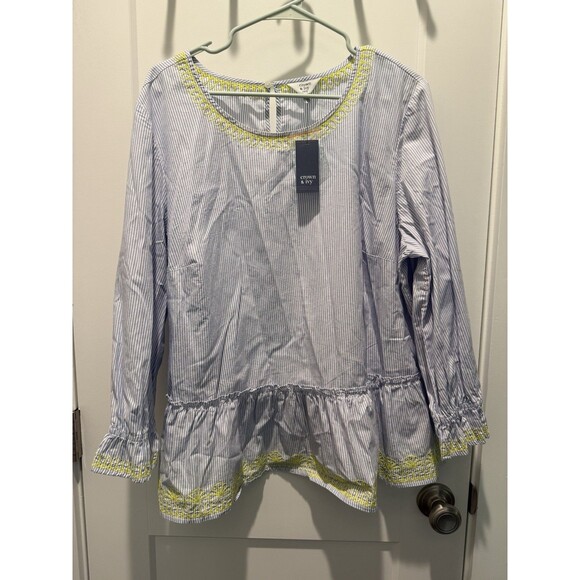Women’s Crown & Ivy blue Striped eyelet top blouse long sleeve peplum Plus 2X - Picture 1 of 6